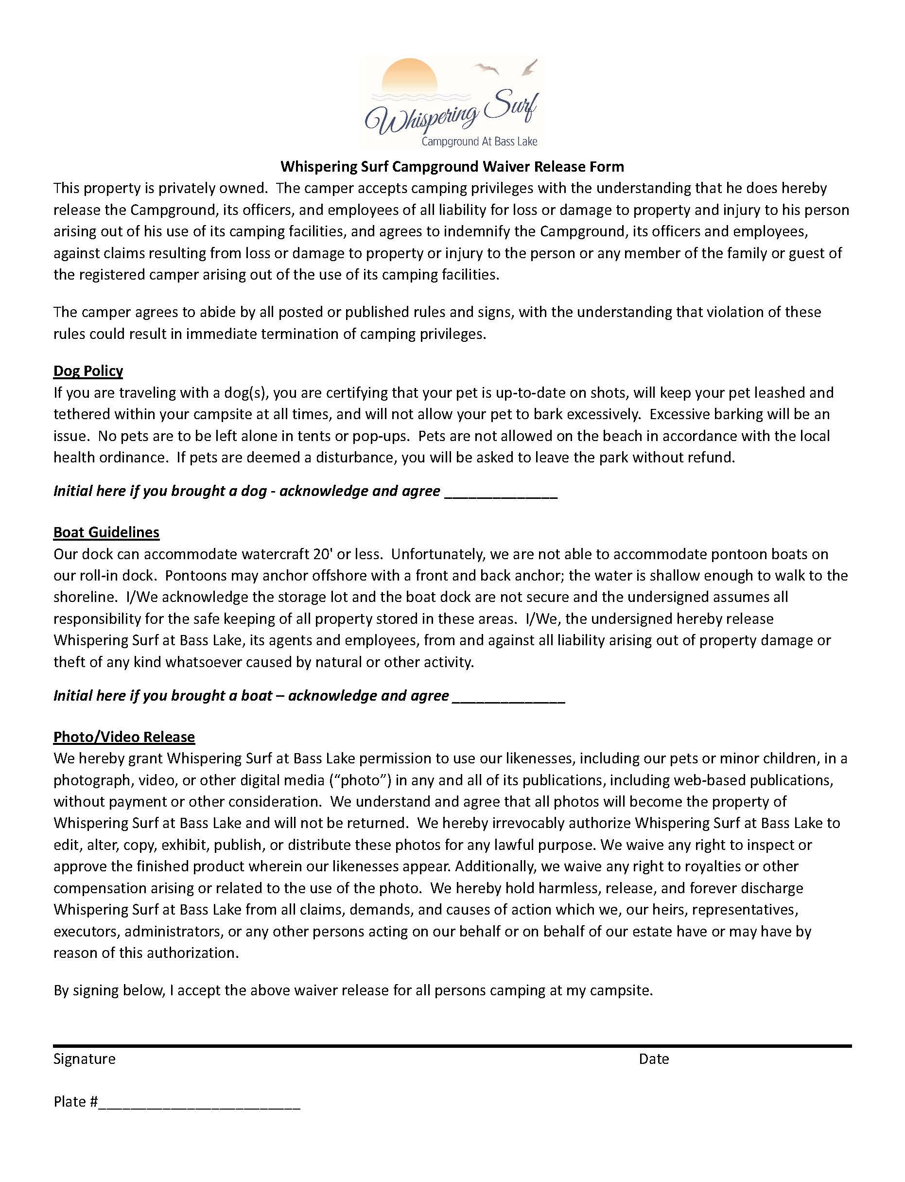 Whispering Surf Campground Media Release and Liability Waiver