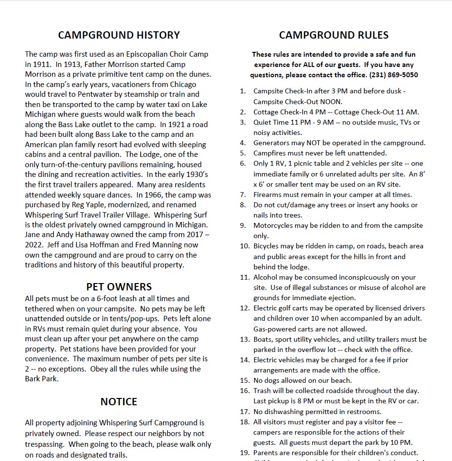 Whispering Surf Campground Rules & Information